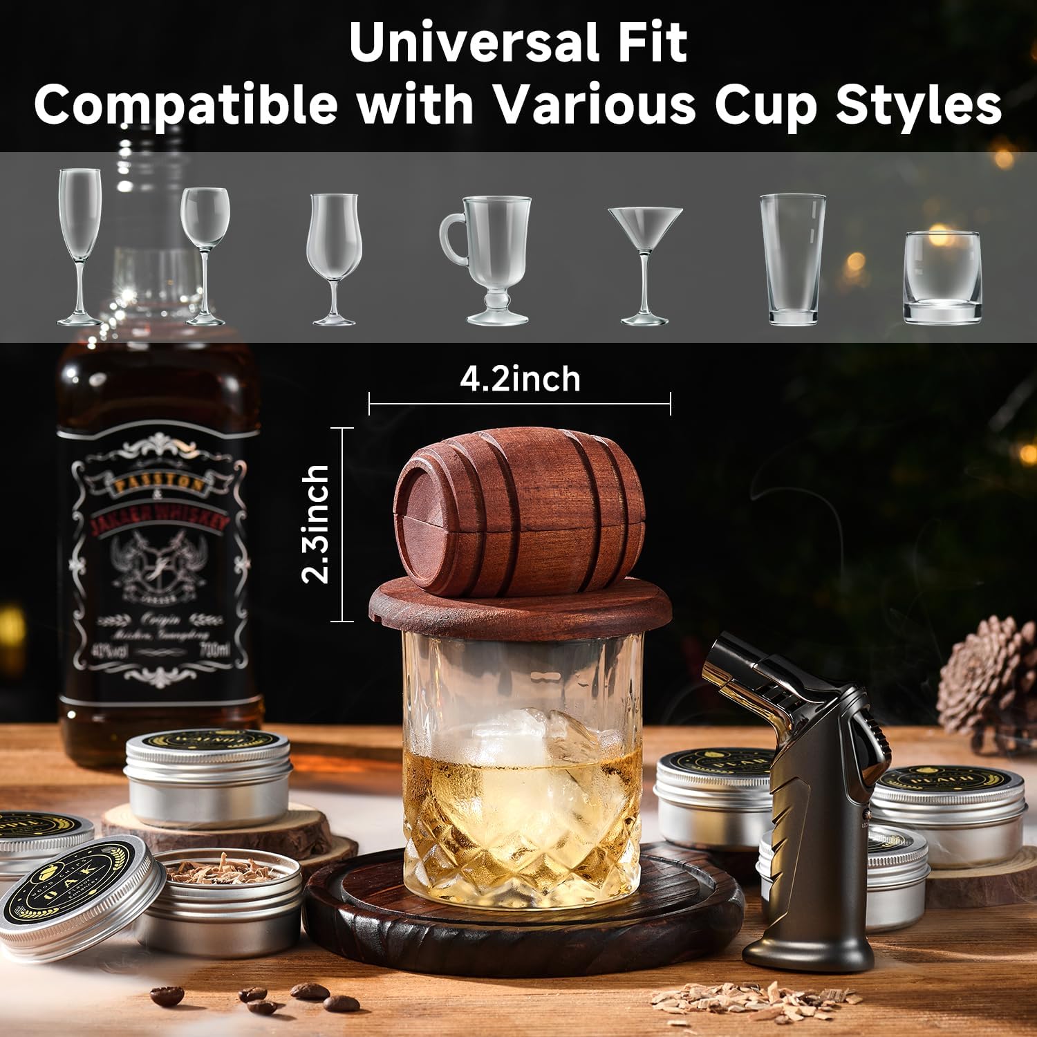 Whiskey Smoker Kit with Torch - 6 Flavors Wood Chips, 2 Glasses, 2 Ice Ball Molds