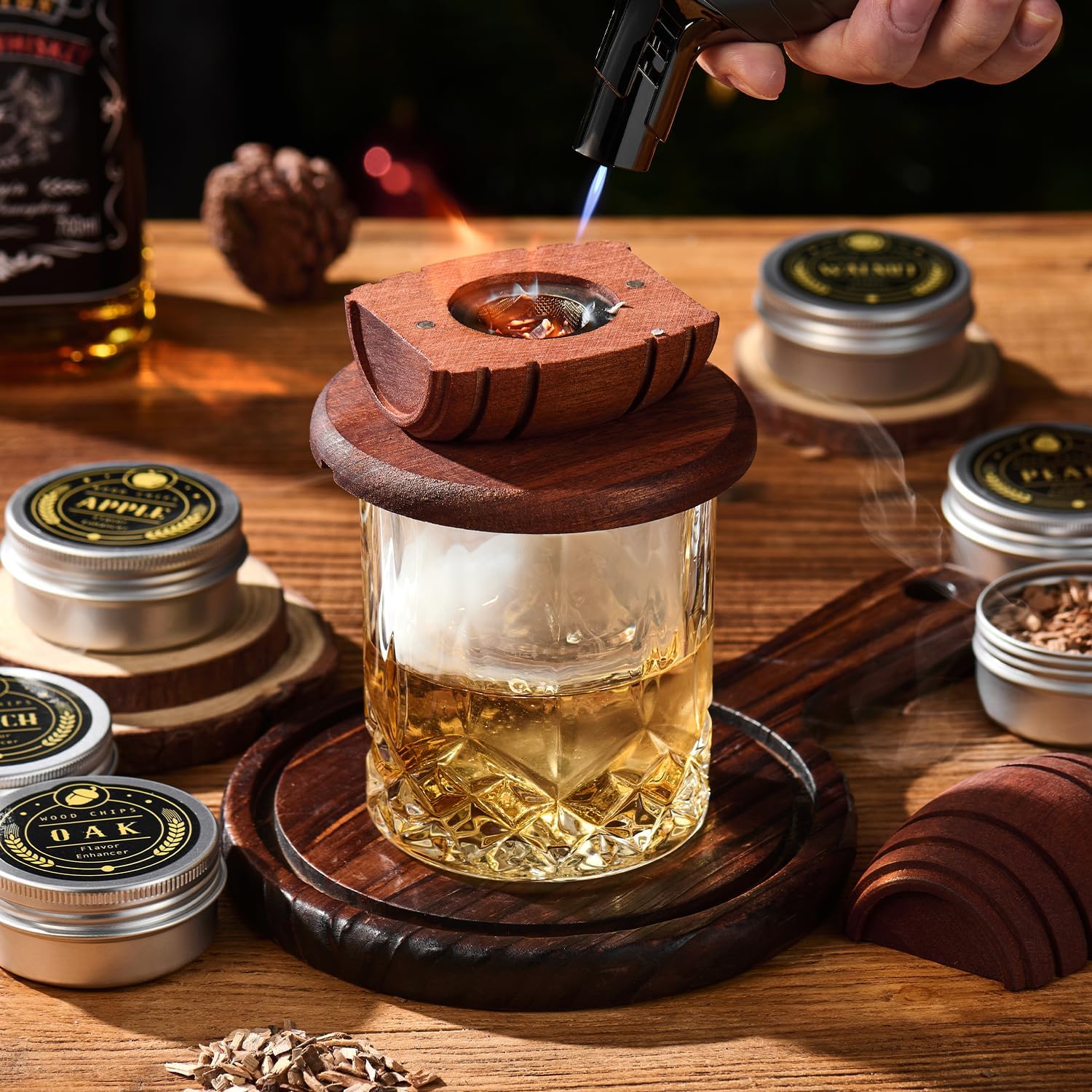 Whiskey Smoker Kit with Torch - 6 Flavors Wood Chips, 2 Glasses, 2 Ice Ball Molds