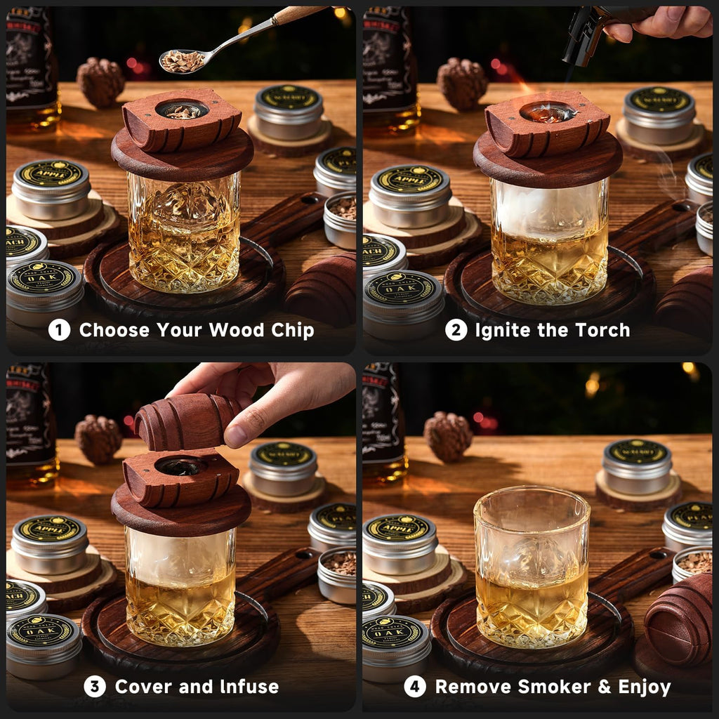 Whiskey Smoker Kit with Torch - 6 Flavors Wood Chips, 2 Glasses, 2 Ice Ball Molds