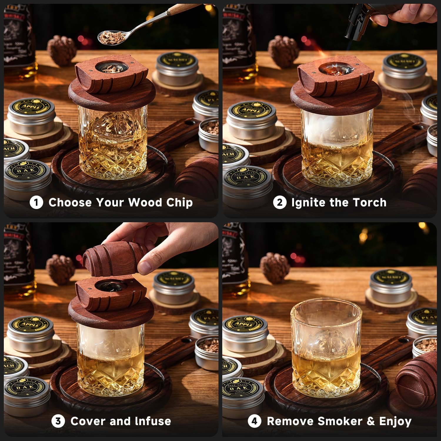 Whiskey Smoker Kit with Torch - 6 Flavors Wood Chips, 2 Glasses, 2 Ice Ball Molds