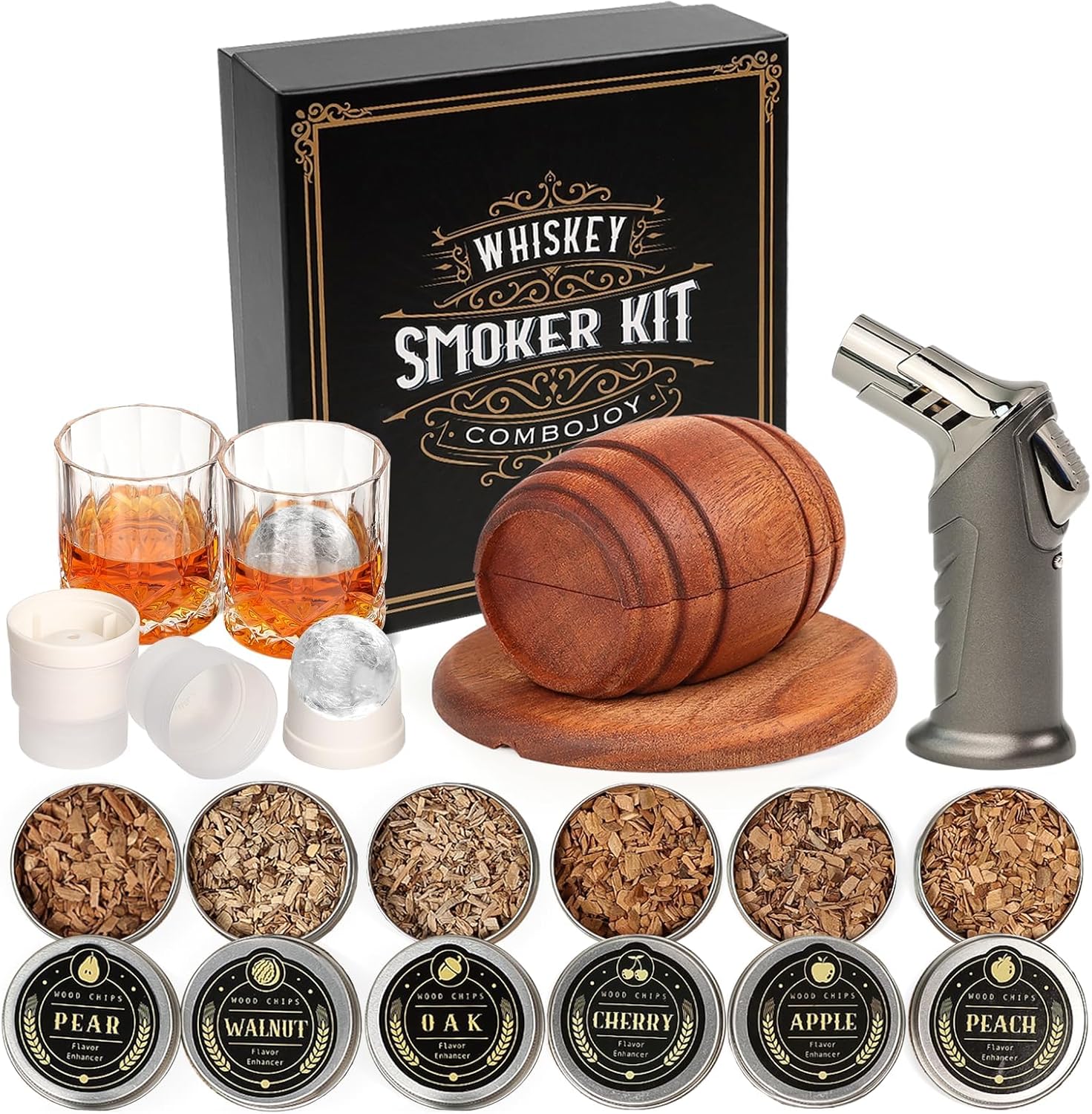 Whiskey Smoker Kit with Torch - 6 Flavors Wood Chips, 2 Glasses, 2 Ice Ball Molds